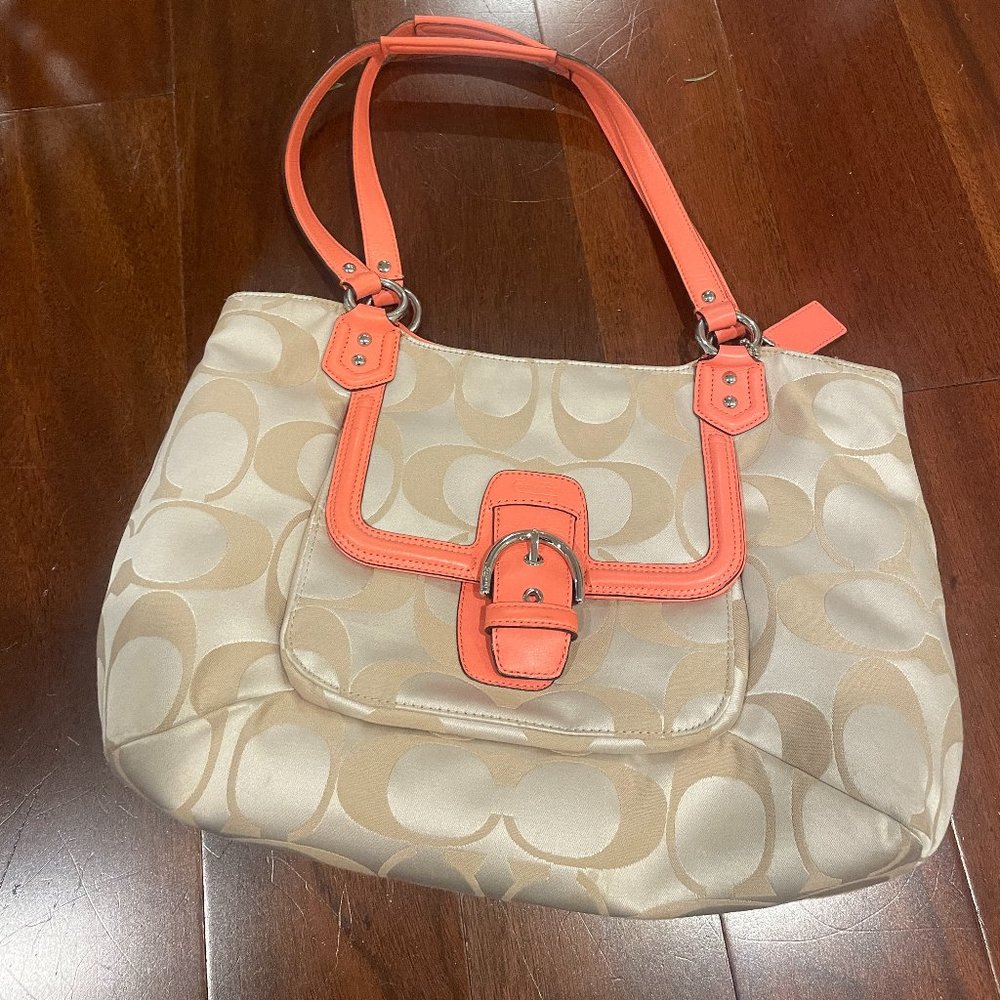 Coach purse cream and pink-coral. 15" long by 12" tall